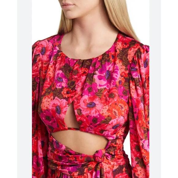 For Love‎ and lemons Dress- Size Small- cutout long sleeve satin mini ruffle - Picture 2 of 6